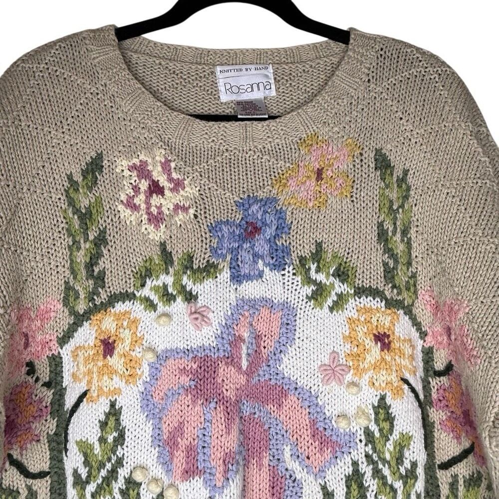 Vintage Rosanna Sweater Beige Floral Hand-knit Cotton Oversized Size L Slouchy - Picture 2 of 13